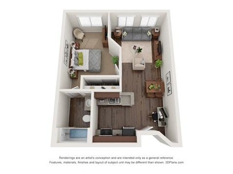 Floor plan for 1 bed, 1 bath, 492 sqft